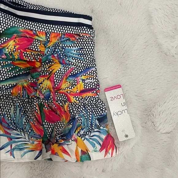 Lucky in Love Copa Ruche Skirt in a multicolored tropical print. - Picture 3 of 8